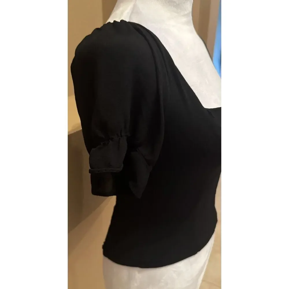 Reformation Delevan Puff Sleeve Crepe Top Black Women's Size 2